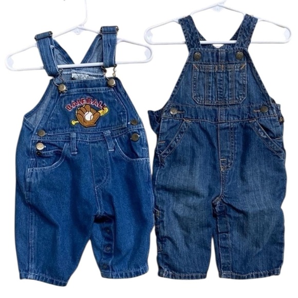2 Pair Blue Denim Overalls 3-6 Months Twins Matching Outfits - Picture 1 of 7